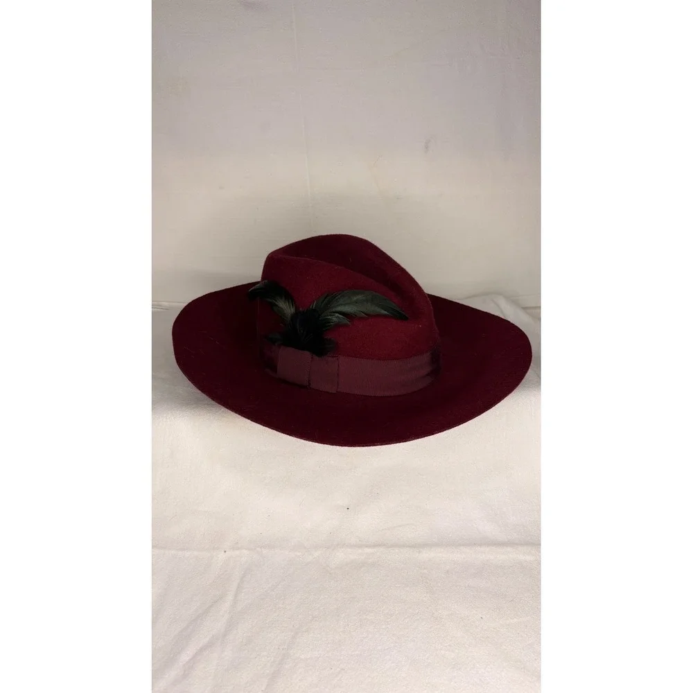 San Diego Hat Co Womens Burgundy Wool Felt Wide Brim Fedora Feather Accent OS